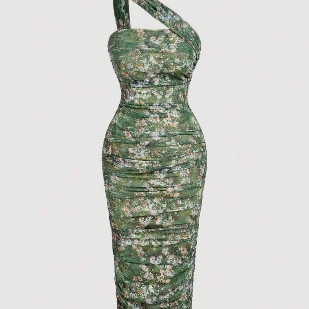 SHEIN MOD CURVE Green Floral One-Shoulder Ruched Dress